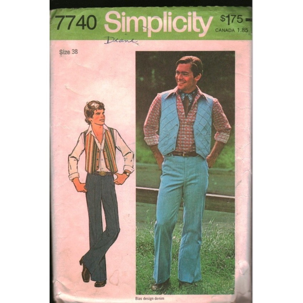 Vintage Simplicity 7740 Mens Vest and Pants Sewing Pattern Size 38 1976 Retro